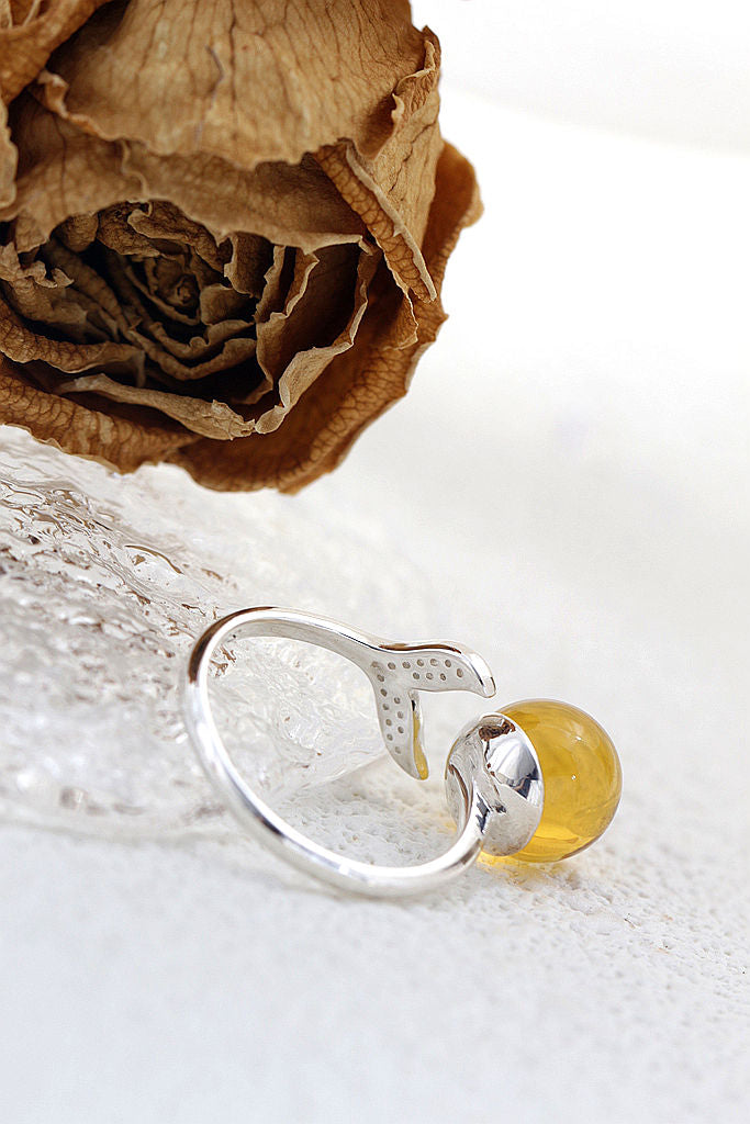 Handmade Inlaid Natural Amber Rings Women Fashion Jewelry Gifts Fish Tail Opening Adjustable Size 925 Sterling Silver Ring