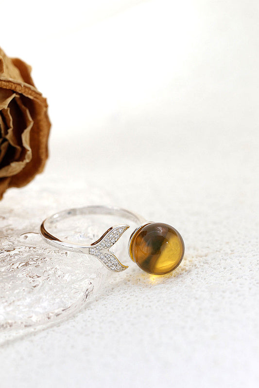 Handmade Inlaid Natural Amber Rings Women Fashion Jewelry Gifts Fish Tail Opening Adjustable Size 925 Sterling Silver Ring
