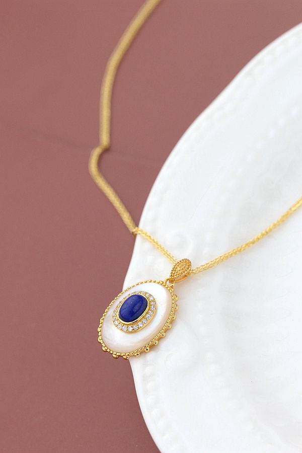 Authentic 925 Sterling Silver Pendant Inlaid Natural Pearl Shellfish Lapis 18K Gold Plated Pendant Fashion Lady Jewelry Gift