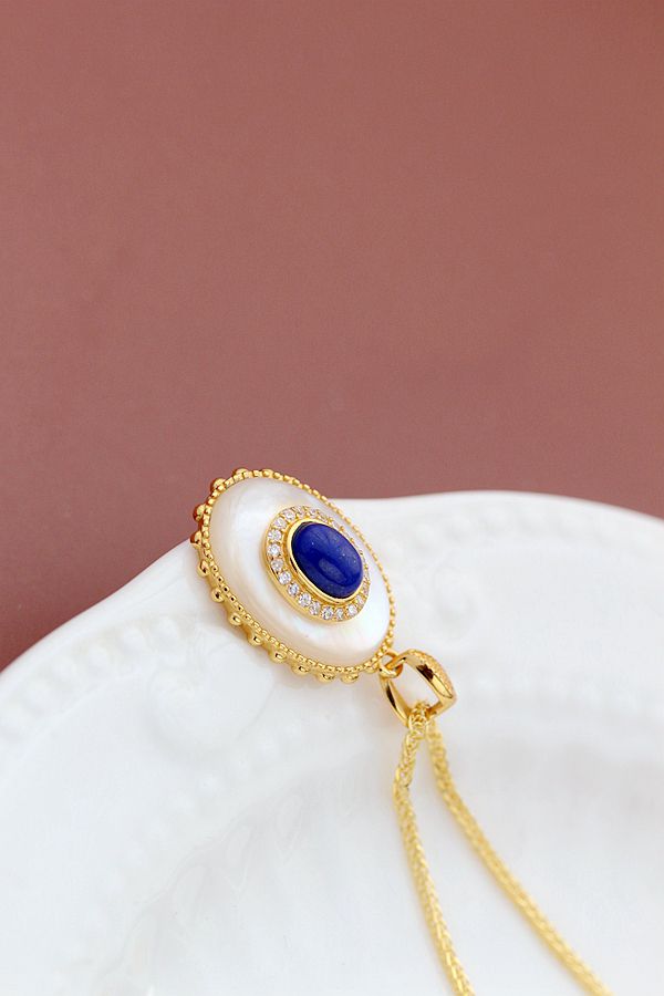 Authentic 925 Sterling Silver Pendant Inlaid Natural Pearl Shellfish Lapis 18K Gold Plated Pendant Fashion Lady Jewelry Gift