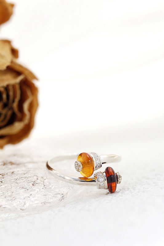 Authentic 925 Sterling Silver Ring Inlaid Natural Amber Interlocking Front Opening Rings Fashion Women For Fine Jewelry Gift