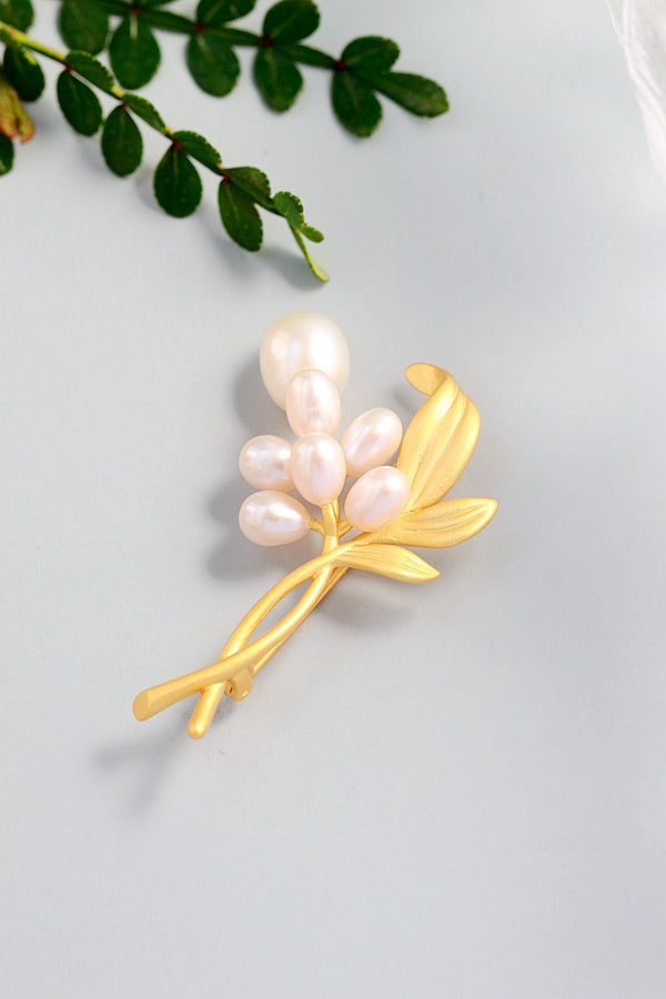 Authentic 925 Sterling Silver Brooch 18K Gold Plated Flower Branch Inlaid Natural Freshwater Pearl Trendy High Quality Jewelry