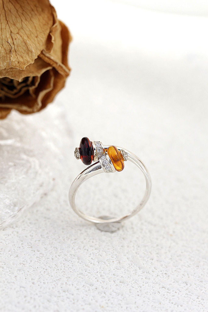 Authentic 925 Sterling Silver Ring Inlaid Natural Amber Interlocking Front Opening Rings Fashion Women For Fine Jewelry Gift