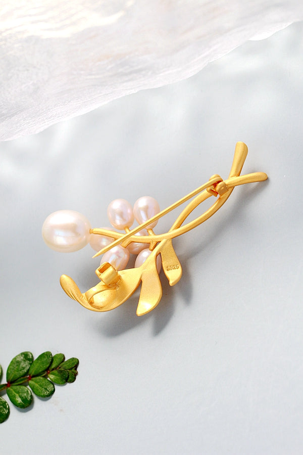 Authentic 925 Sterling Silver Brooch 18K Gold Plated Flower Branch Inlaid Natural Freshwater Pearl Trendy High Quality Jewelry