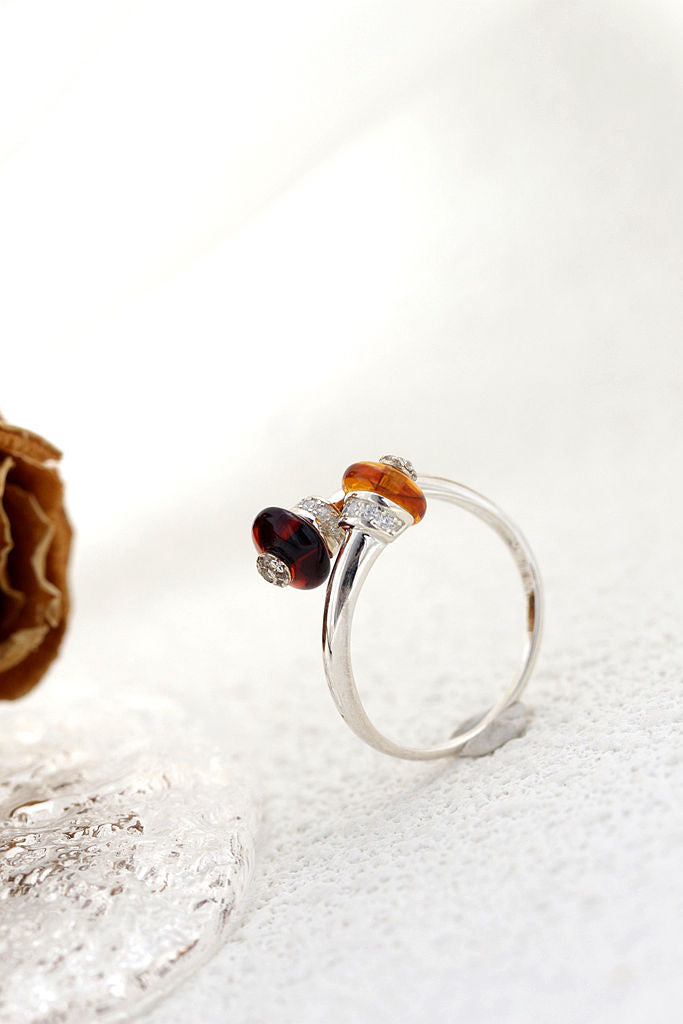 Authentic 925 Sterling Silver Ring Inlaid Natural Amber Interlocking Front Opening Rings Fashion Women For Fine Jewelry Gift