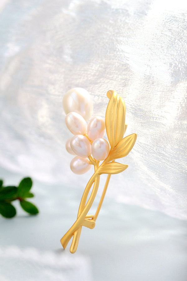 Authentic 925 Sterling Silver Brooch 18K Gold Plated Flower Branch Inlaid Natural Freshwater Pearl Trendy High Quality Jewelry