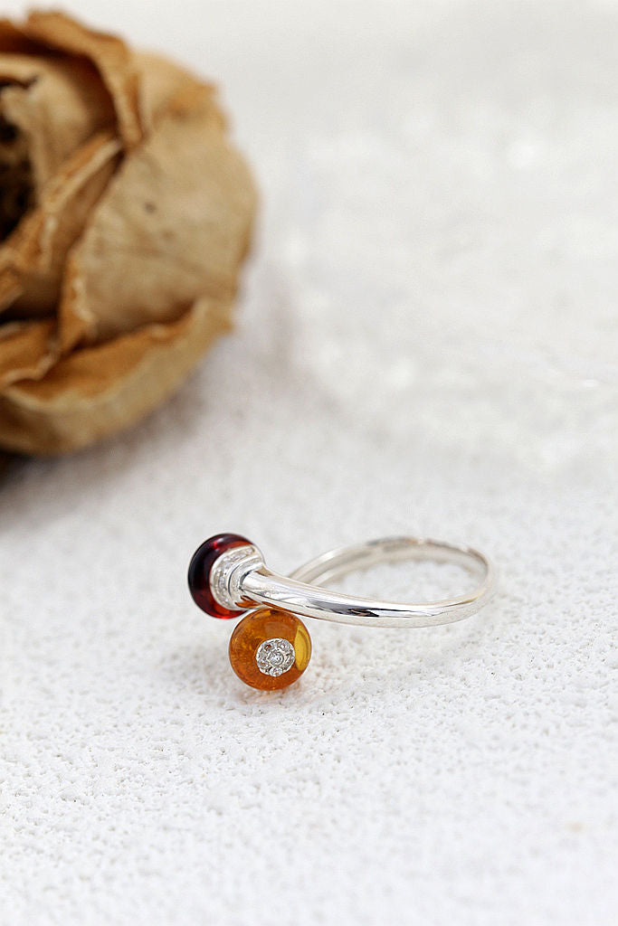Authentic 925 Sterling Silver Ring Inlaid Natural Amber Interlocking Front Opening Rings Fashion Women For Fine Jewelry Gift