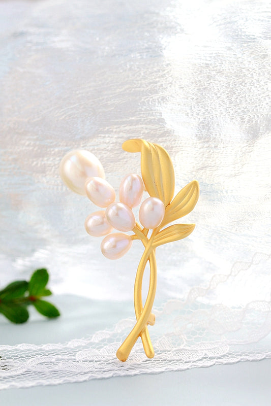 Authentic 925 Sterling Silver Brooch 18K Gold Plated Flower Branch Inlaid Natural Freshwater Pearl Trendy High Quality Jewelry