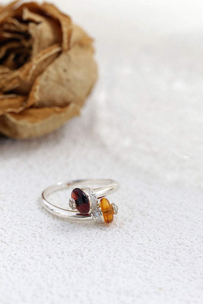 Authentic 925 Sterling Silver Ring Inlaid Natural Amber Interlocking Front Opening Rings Fashion Women For Fine Jewelry Gift