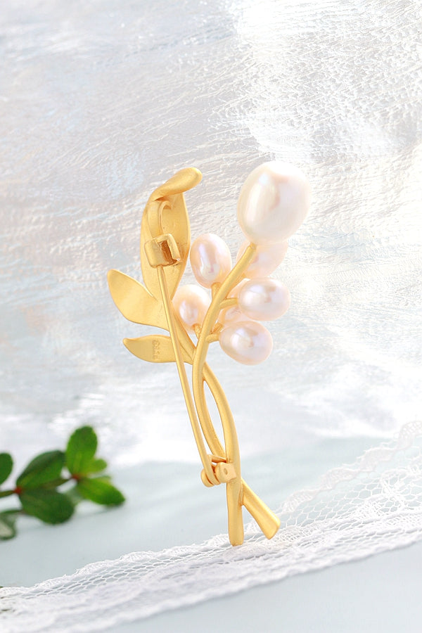 Authentic 925 Sterling Silver Brooch 18K Gold Plated Flower Branch Inlaid Natural Freshwater Pearl Trendy High Quality Jewelry