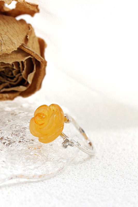 Authentic 925 Sterling Silver Opening Rings Inlaid Natural Amber Stereoscopic Flower Fashion Creative Lady Ring Jewelry Gift