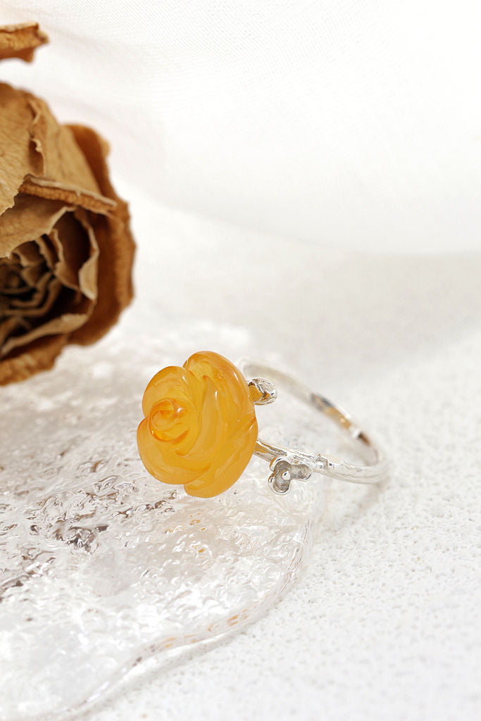 Authentic 925 Sterling Silver Opening Rings Inlaid Natural Amber Stereoscopic Flower Fashion Creative Lady Ring Jewelry Gift