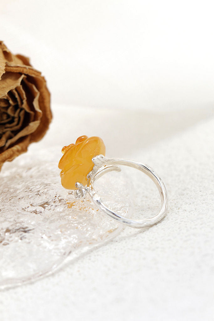 Authentic 925 Sterling Silver Opening Rings Inlaid Natural Amber Stereoscopic Flower Fashion Creative Lady Ring Jewelry Gift