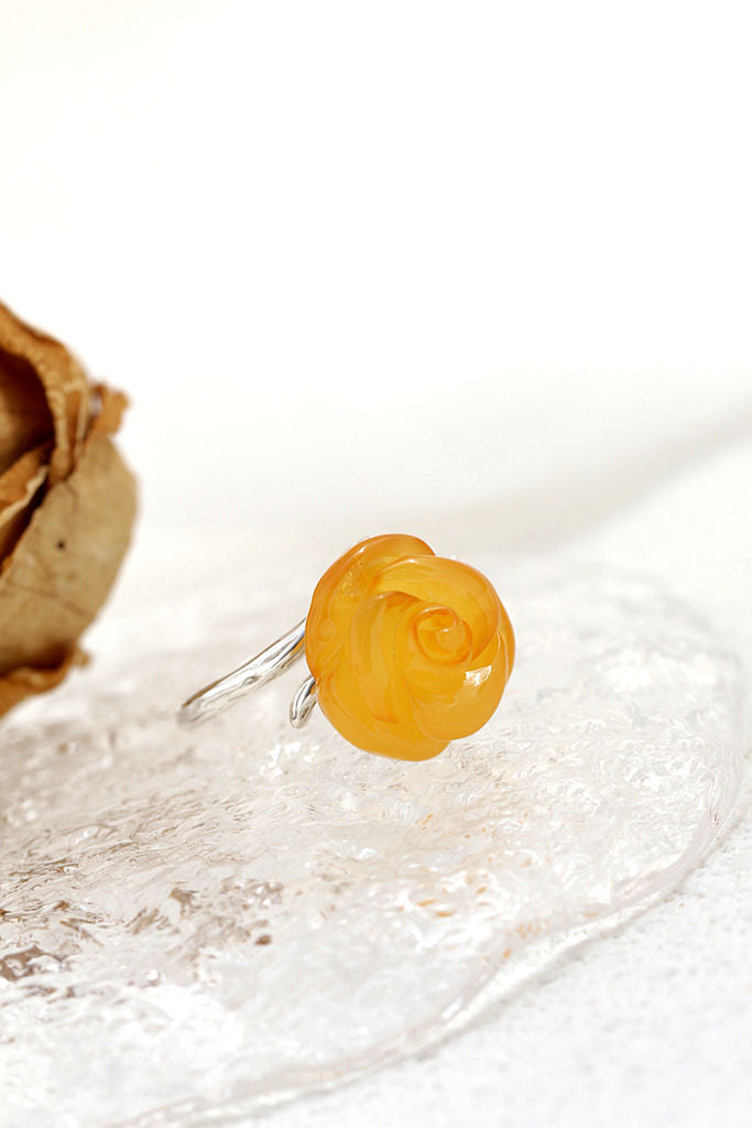 Authentic 925 Sterling Silver Opening Rings Inlaid Natural Amber Stereoscopic Flower Fashion Creative Lady Ring Jewelry Gift