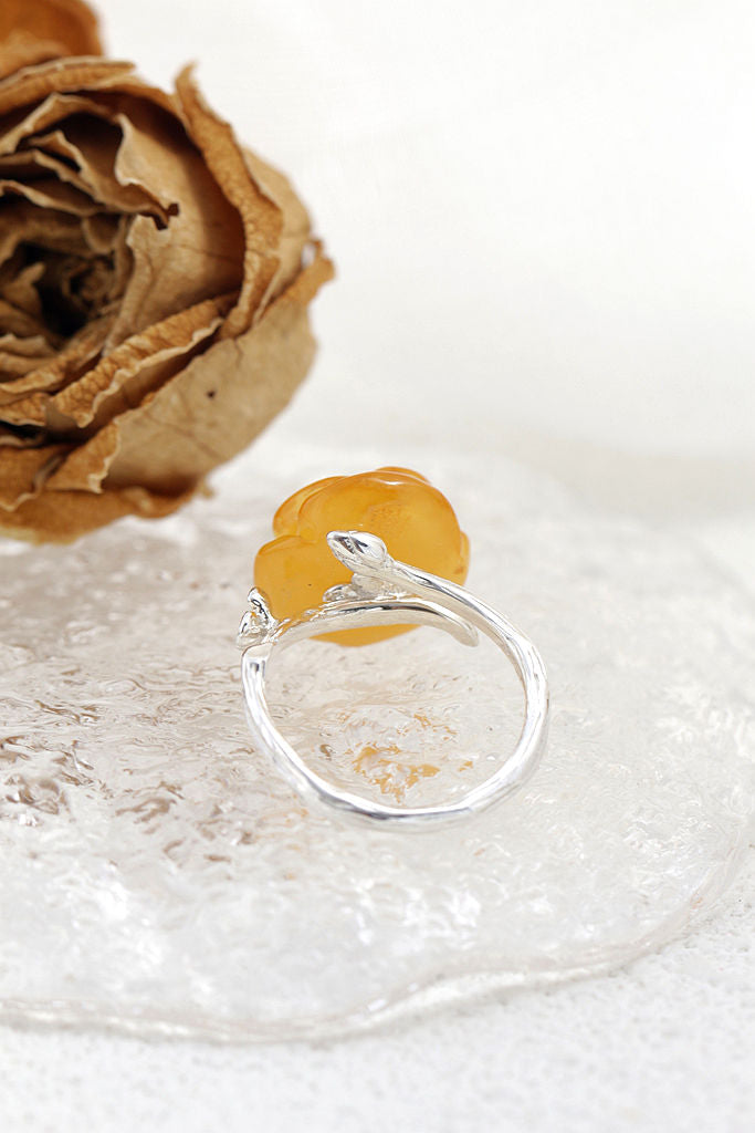Authentic 925 Sterling Silver Opening Rings Inlaid Natural Amber Stereoscopic Flower Fashion Creative Lady Ring Jewelry Gift