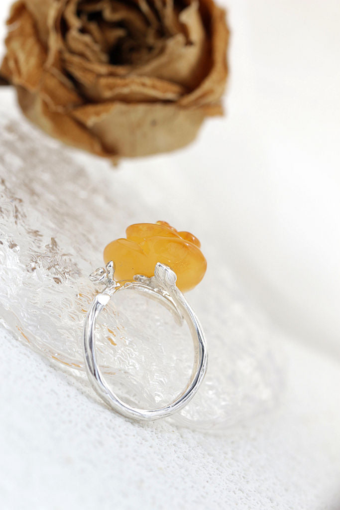 Authentic 925 Sterling Silver Opening Rings Inlaid Natural Amber Stereoscopic Flower Fashion Creative Lady Ring Jewelry Gift