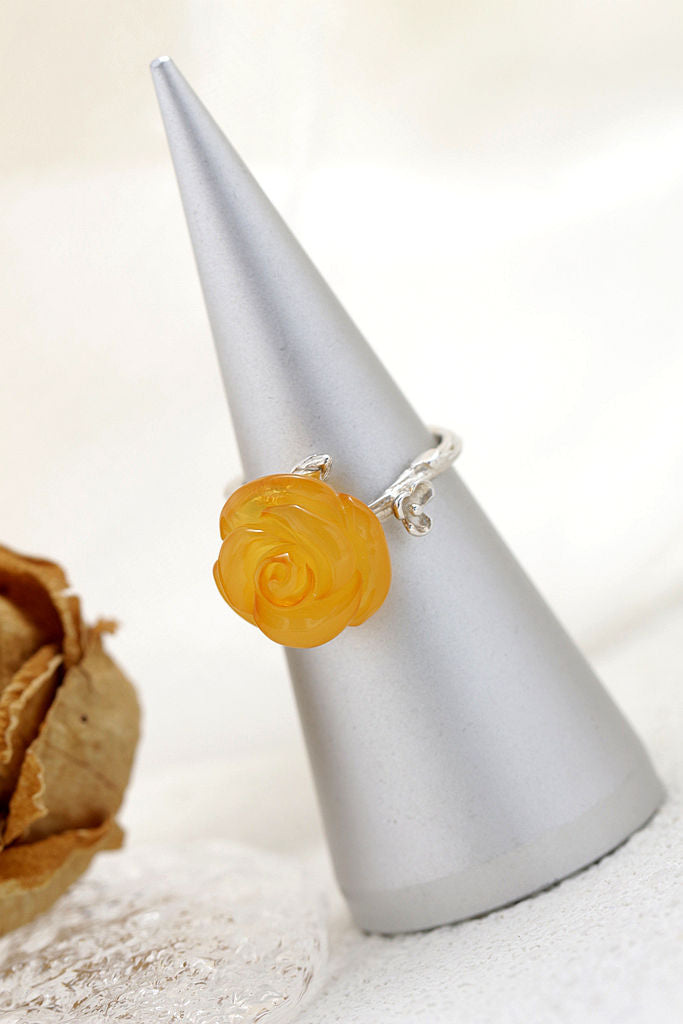 Authentic 925 Sterling Silver Opening Rings Inlaid Natural Amber Stereoscopic Flower Fashion Creative Lady Ring Jewelry Gift