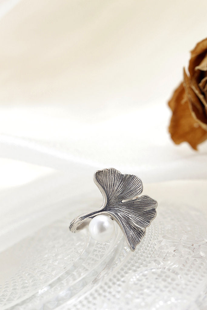 Authentic 925 Sterling Silver Ring Vintage Aesthetic Gingko Leaf Open Adjustable Ring Inlaid Natural Pearl Fashion Women Gift