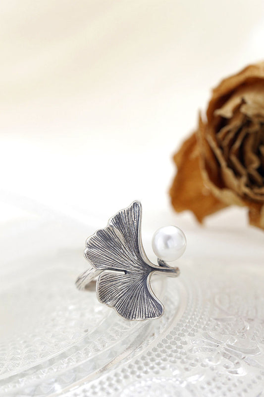 Authentic 925 Sterling Silver Ring Vintage Aesthetic Gingko Leaf Open Adjustable Ring Inlaid Natural Pearl Fashion Women Gift