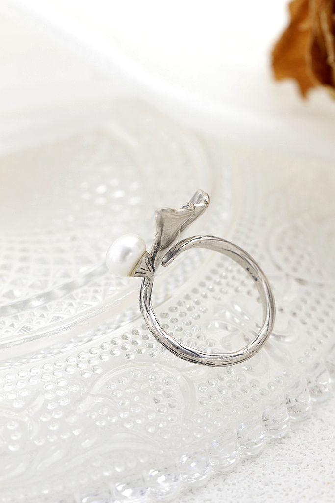 Authentic 925 Sterling Silver Ring Vintage Aesthetic Gingko Leaf Open Adjustable Ring Inlaid Natural Pearl Fashion Women Gift