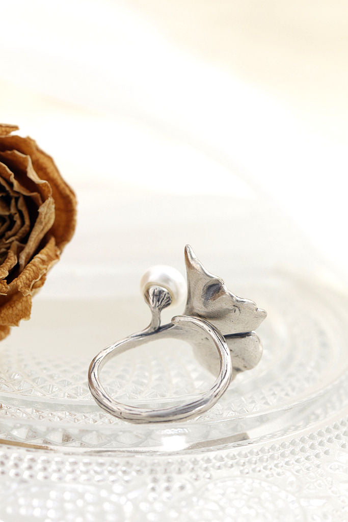 Authentic 925 Sterling Silver Ring Vintage Aesthetic Gingko Leaf Open Adjustable Ring Inlaid Natural Pearl Fashion Women Gift