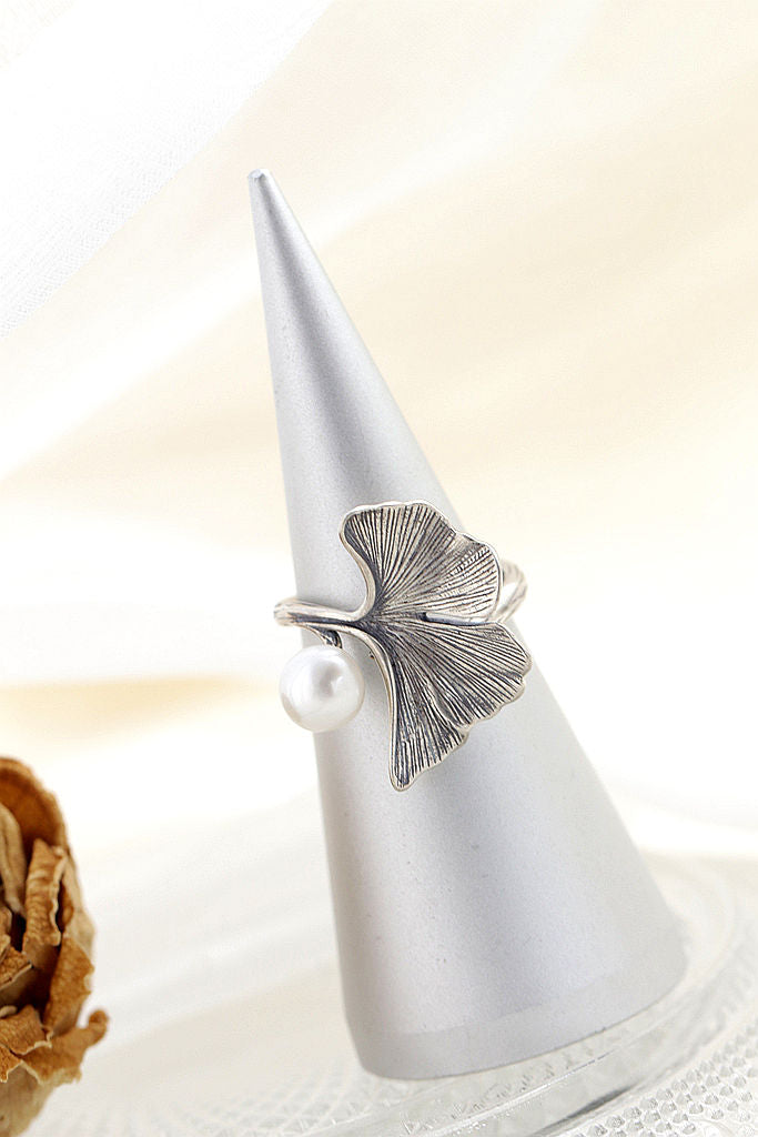 Authentic 925 Sterling Silver Ring Vintage Aesthetic Gingko Leaf Open Adjustable Ring Inlaid Natural Pearl Fashion Women Gift
