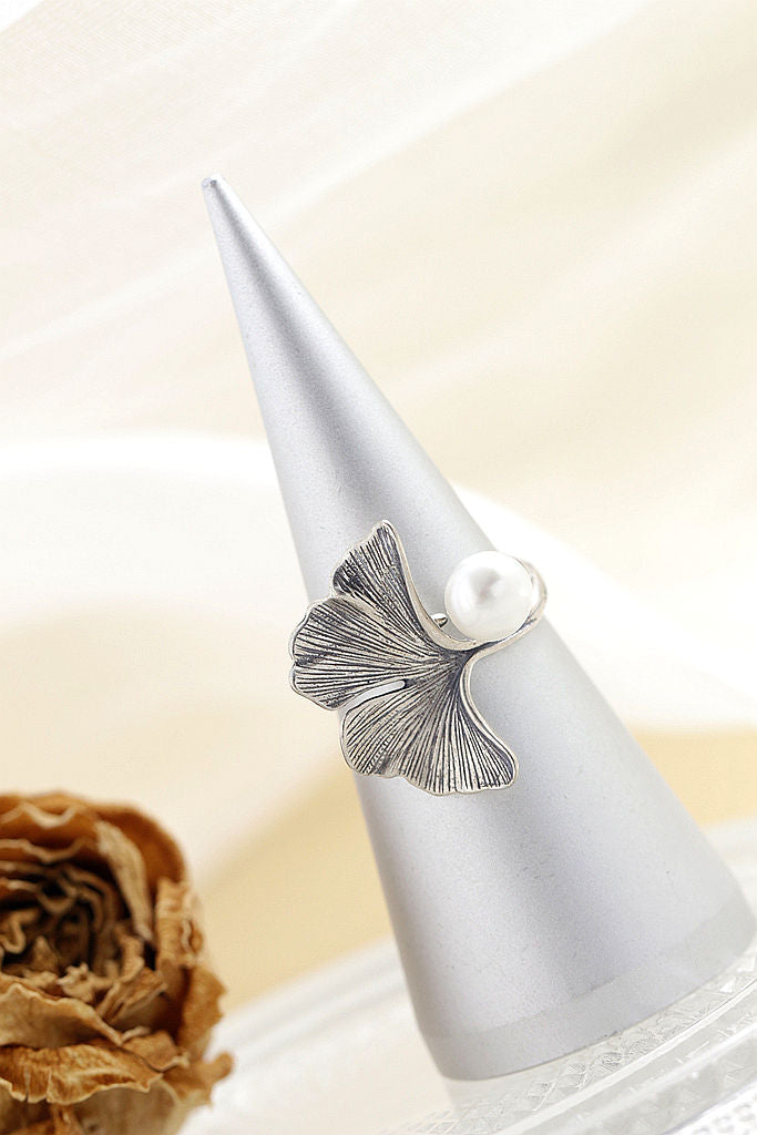Authentic 925 Sterling Silver Ring Vintage Aesthetic Gingko Leaf Open Adjustable Ring Inlaid Natural Pearl Fashion Women Gift