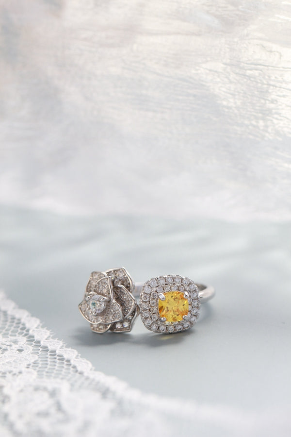 S925 Sterling Silver Camellia Ring with Yellow Cubic Zirconia Open Adjustable Flower Ring Women Luxury Daily Wear Elegant Gift