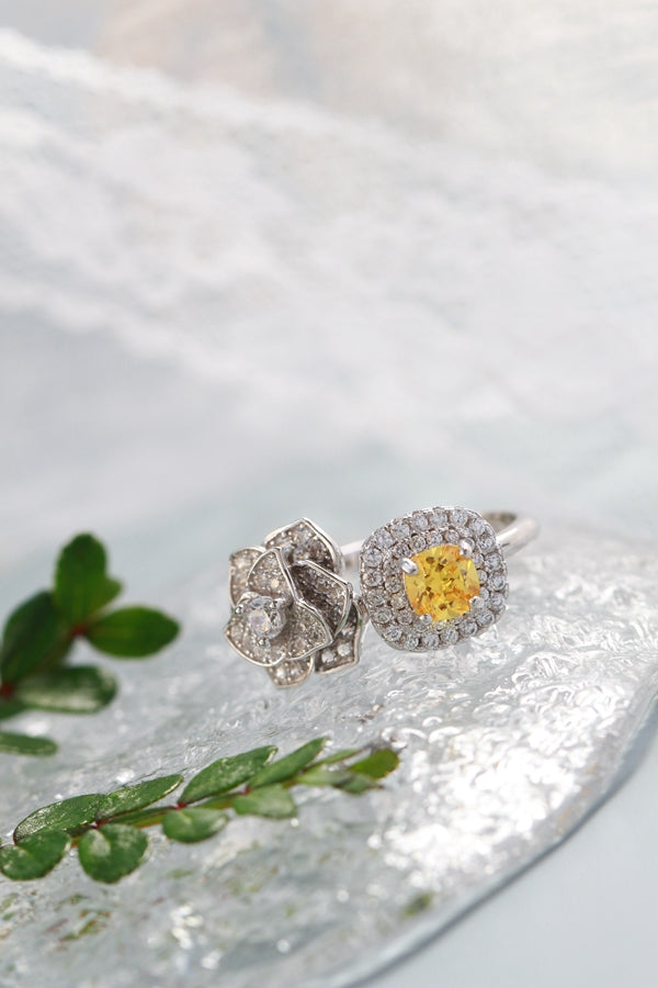 S925 Sterling Silver Camellia Ring with Yellow Cubic Zirconia Open Adjustable Flower Ring Women Luxury Daily Wear Elegant Gift