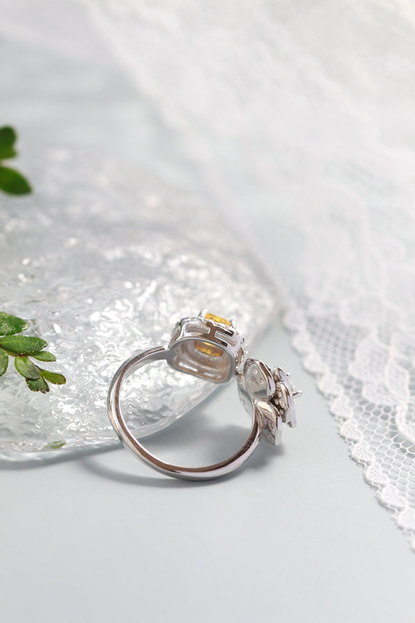 S925 Sterling Silver Camellia Ring with Yellow Cubic Zirconia Open Adjustable Flower Ring Women Luxury Daily Wear Elegant Gift