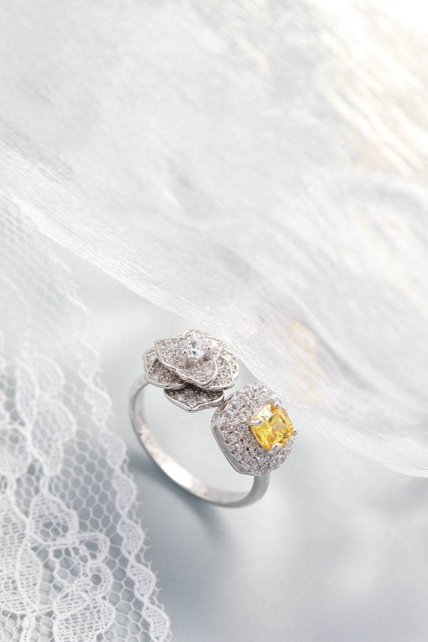 S925 Sterling Silver Camellia Ring with Yellow Cubic Zirconia Open Adjustable Flower Ring Women Luxury Daily Wear Elegant Gift