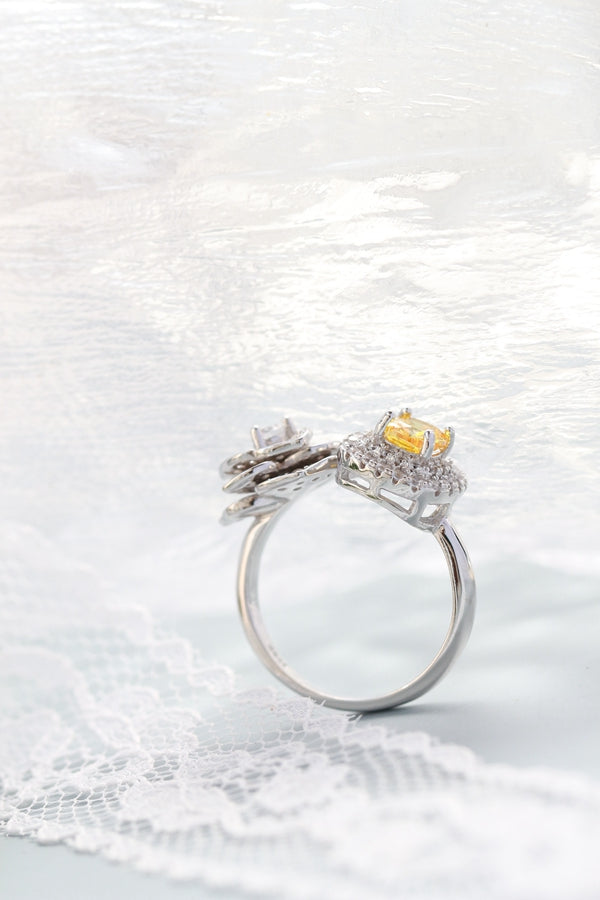 S925 Sterling Silver Camellia Ring with Yellow Cubic Zirconia Open Adjustable Flower Ring Women Luxury Daily Wear Elegant Gift