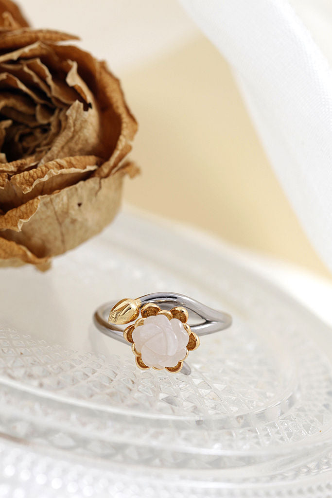 Authentic 925 Sterling Silver Rings Inlaid Natural White Jade Petal Fashion National Style Women Opening Adjustable Ring Gift