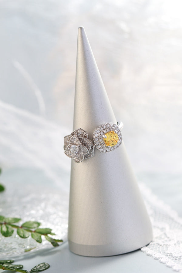 S925 Sterling Silver Camellia Ring with Yellow Cubic Zirconia Open Adjustable Flower Ring Women Luxury Daily Wear Elegant Gift