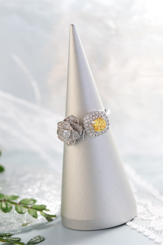 S925 Sterling Silver Camellia Ring with Yellow Cubic Zirconia Open Adjustable Flower Ring Women Luxury Daily Wear Elegant Gift