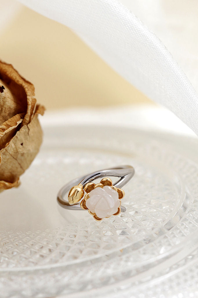 Authentic 925 Sterling Silver Rings Inlaid Natural White Jade Petal Fashion National Style Women Opening Adjustable Ring Gift