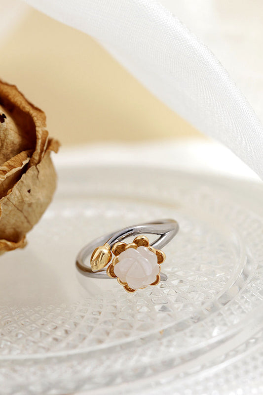 Authentic 925 Sterling Silver Rings Inlaid Natural White Jade Petal Fashion National Style Women Opening Adjustable Ring Gift