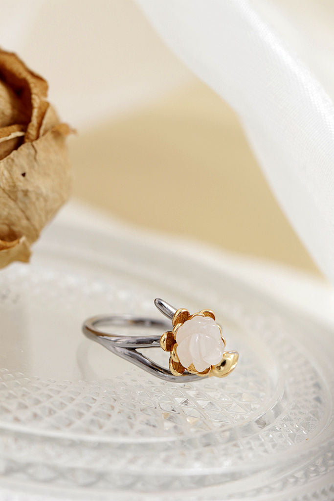 Authentic 925 Sterling Silver Rings Inlaid Natural White Jade Petal Fashion National Style Women Opening Adjustable Ring Gift