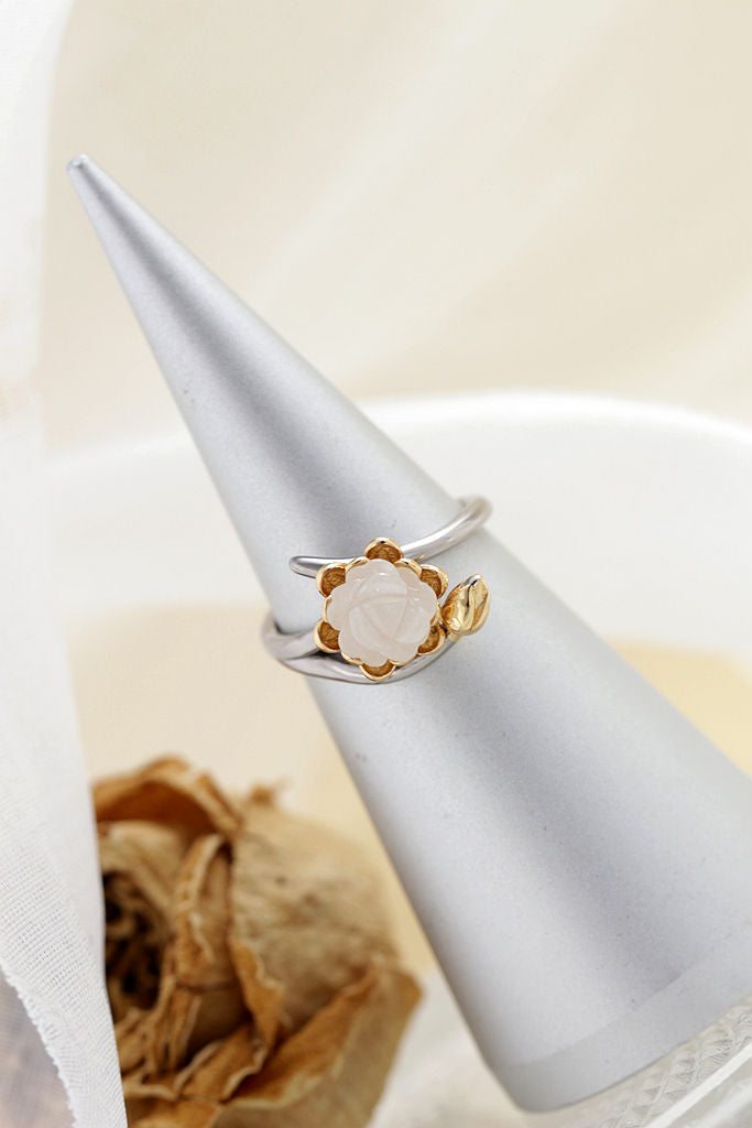 Authentic 925 Sterling Silver Rings Inlaid Natural White Jade Petal Fashion National Style Women Opening Adjustable Ring Gift