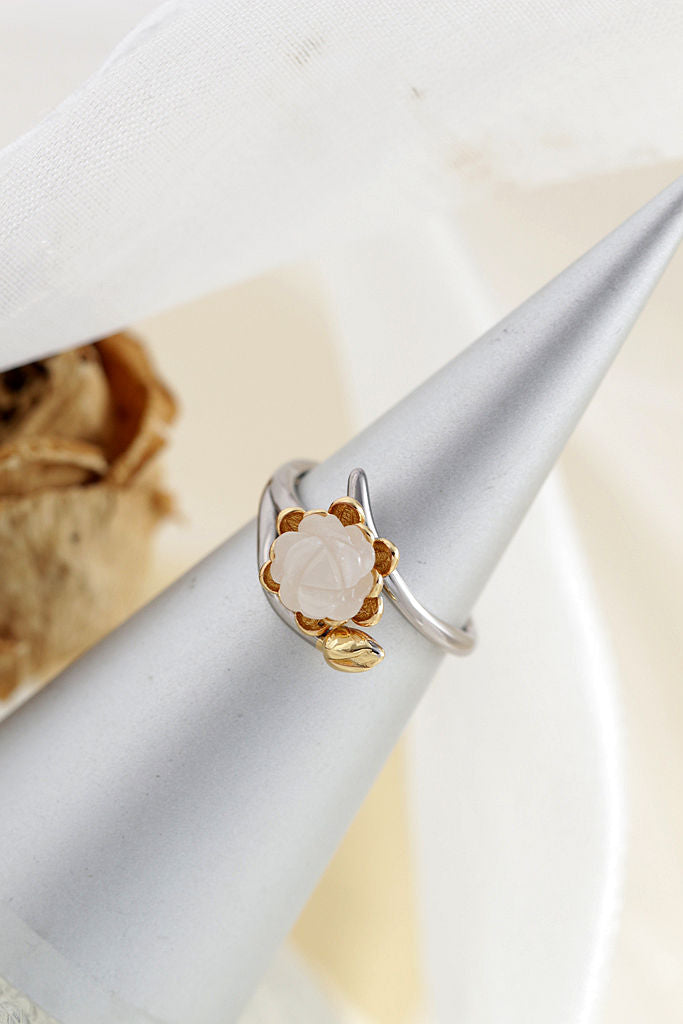 Authentic 925 Sterling Silver Rings Inlaid Natural White Jade Petal Fashion National Style Women Opening Adjustable Ring Gift