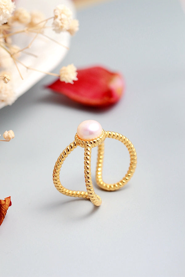 Authentic 925 Sterling Silver Ring Inlaid Natural Freshwater Pearl 18K Gold Plated Ring Creative Trendy Women Jewelry Gift