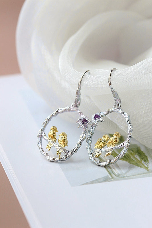 Elegance Delicate 925 Sterling Silver Earrings Inlaid Amethyst Birds Perched Earring Women Fashion Style Jewelry Gift
