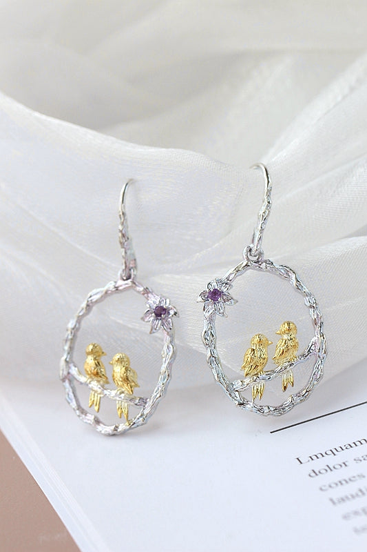 Elegance Delicate 925 Sterling Silver Earrings Inlaid Amethyst Birds Perched Earring Women Fashion Style Jewelry Gift