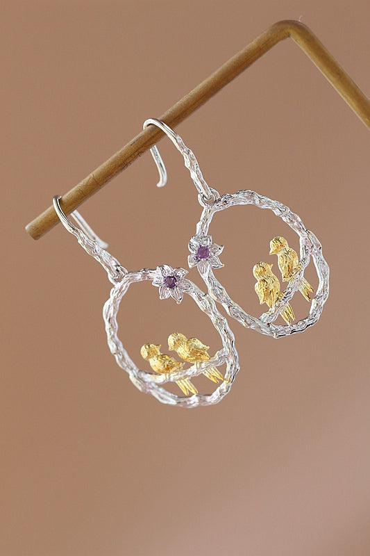 Elegance Delicate 925 Sterling Silver Earrings Inlaid Amethyst Birds Perched Earring Women Fashion Style Jewelry Gift