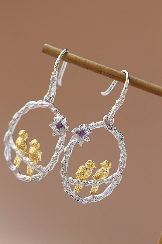 Elegance Delicate 925 Sterling Silver Earrings Inlaid Amethyst Birds Perched Earring Women Fashion Style Jewelry Gift