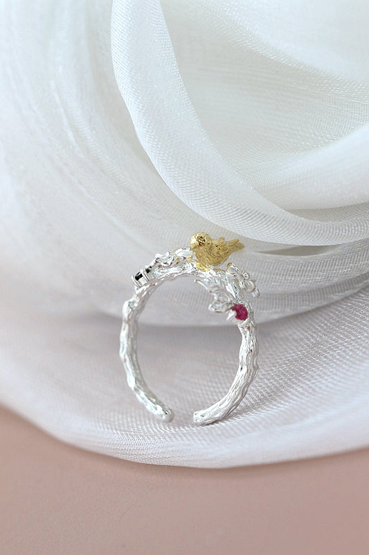925 Sterling Silver Rings Inlaid Natural Tourmaline Lovable Little Birdie Opening Ring