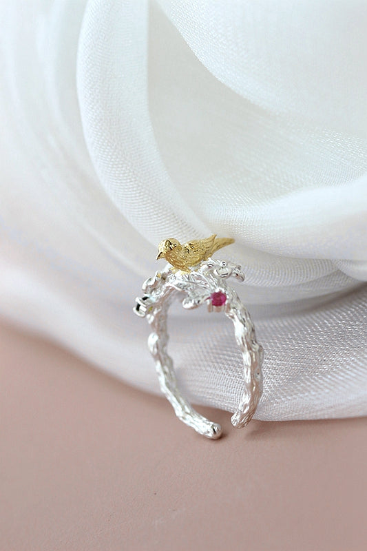 925 Sterling Silver Rings Inlaid Natural Tourmaline Lovable Little Birdie Opening Ring