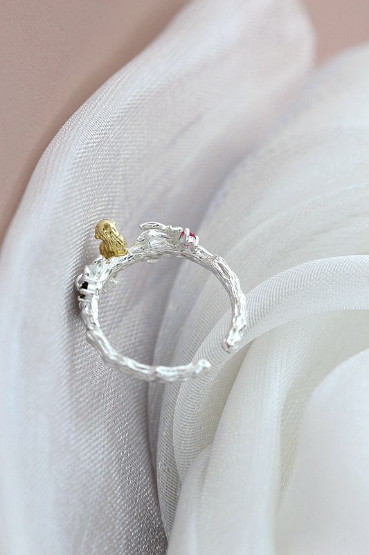 925 Sterling Silver Rings Inlaid Natural Tourmaline Lovable Little Birdie Opening Ring