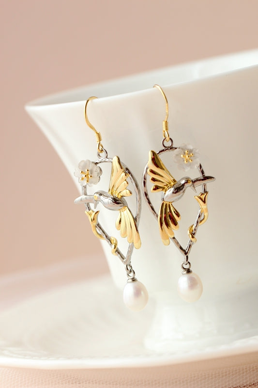 Artistic Vintage Design 925 Sterling Silver Hummingbird & Flower Earring Inlaid Natural Freshwater Pearl Earring  Jewelry Gift
