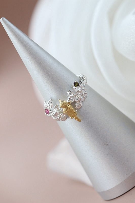 925 Sterling Silver Rings Inlaid Natural Tourmaline Lovable Little Birdie Opening Ring